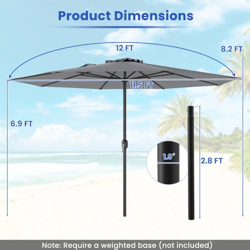 12 Feet Patio Umbrella with Crank Handle and 8 Sturdy Ribs-Gray - Gray - Outdoor Umbrellas