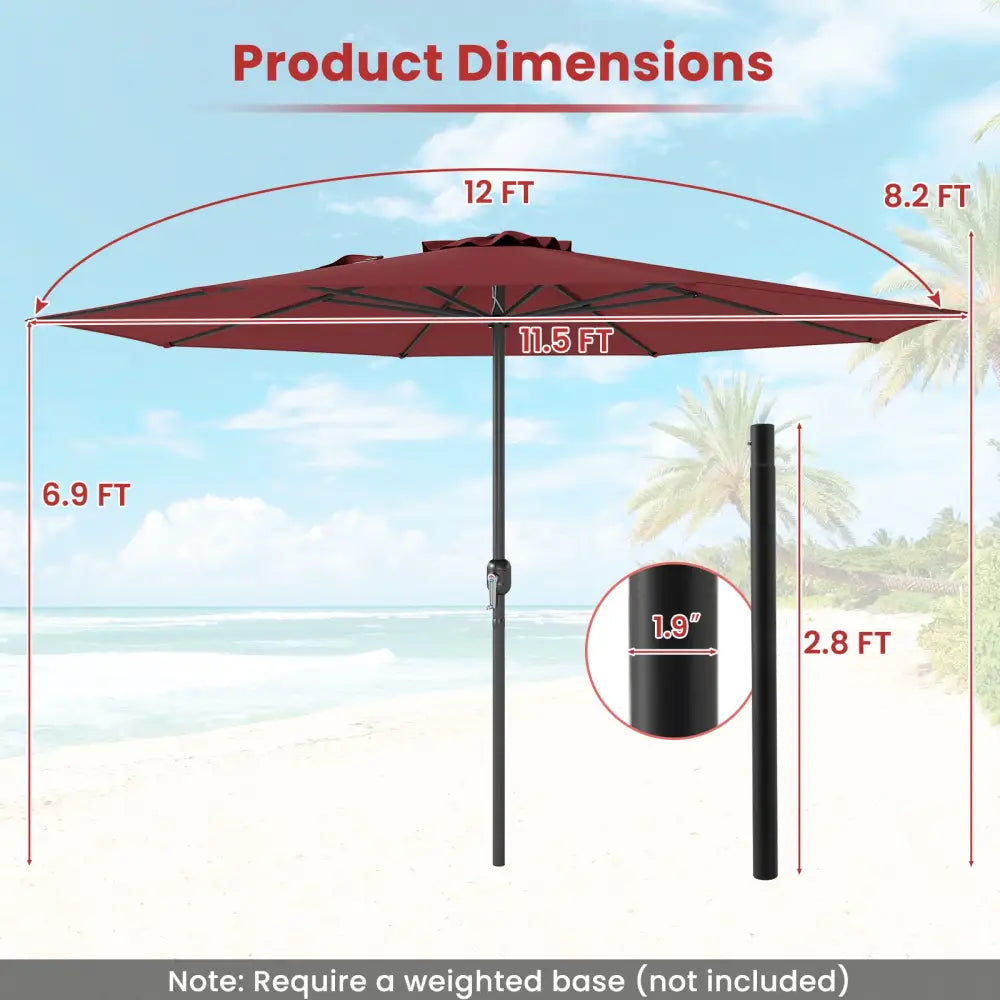 12 Feet Patio Umbrella with Crank Handle and 8 Sturdy Ribs-Red - Red - Outdoor Umbrellas