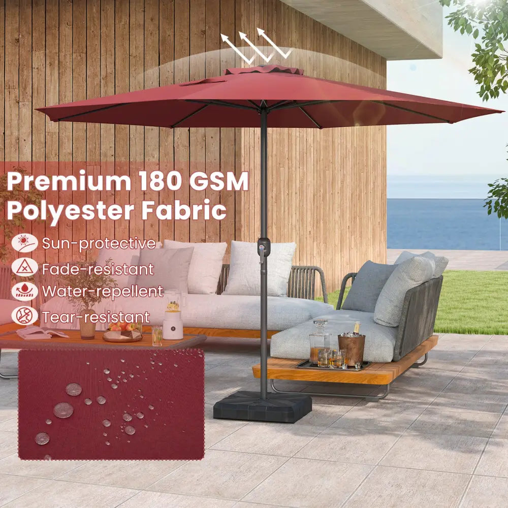 12 Feet Patio Umbrella with Crank Handle and 8 Sturdy Ribs-Red - Red - Outdoor Umbrellas