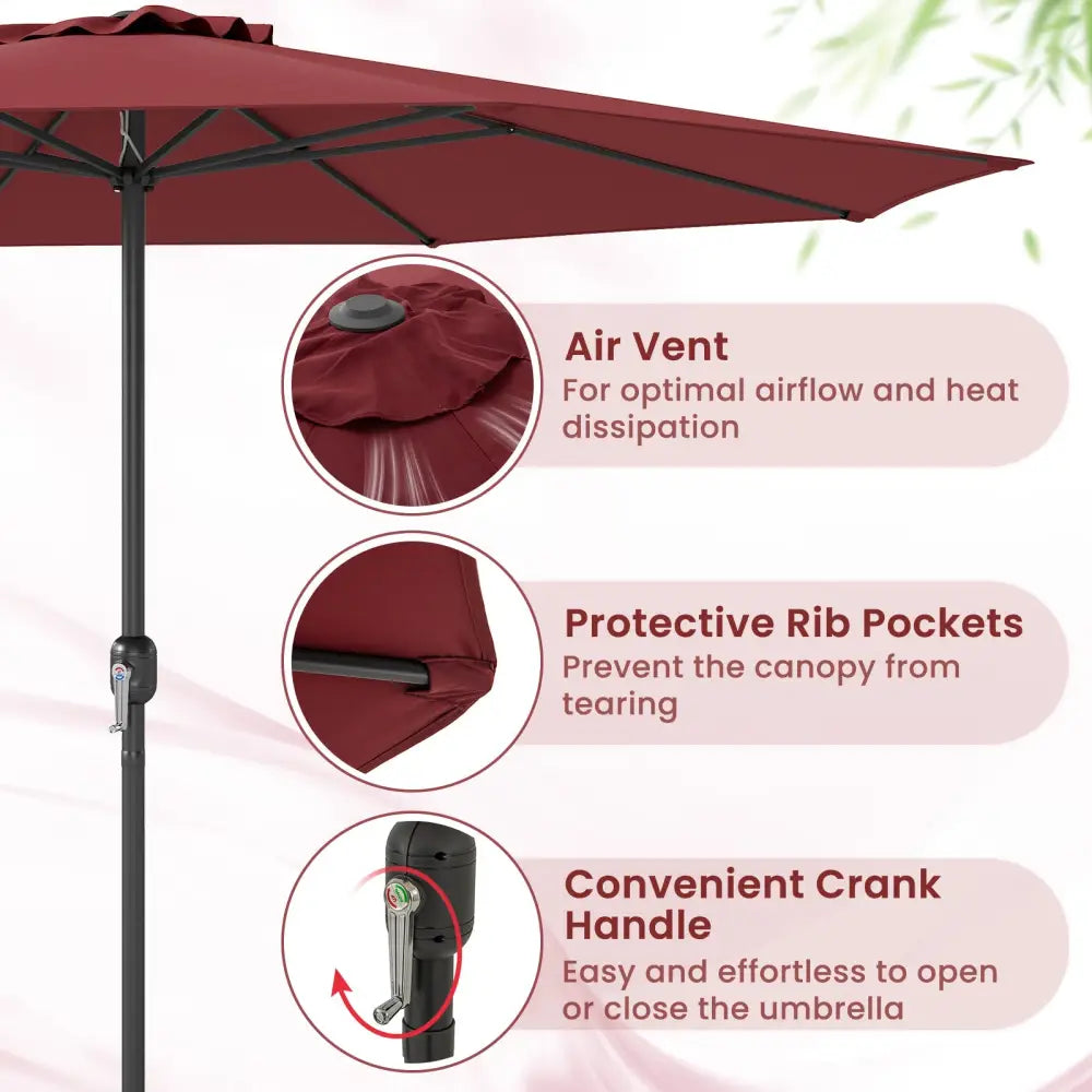 12 Feet Patio Umbrella with Crank Handle and 8 Sturdy Ribs-Red - Red - Outdoor Umbrellas