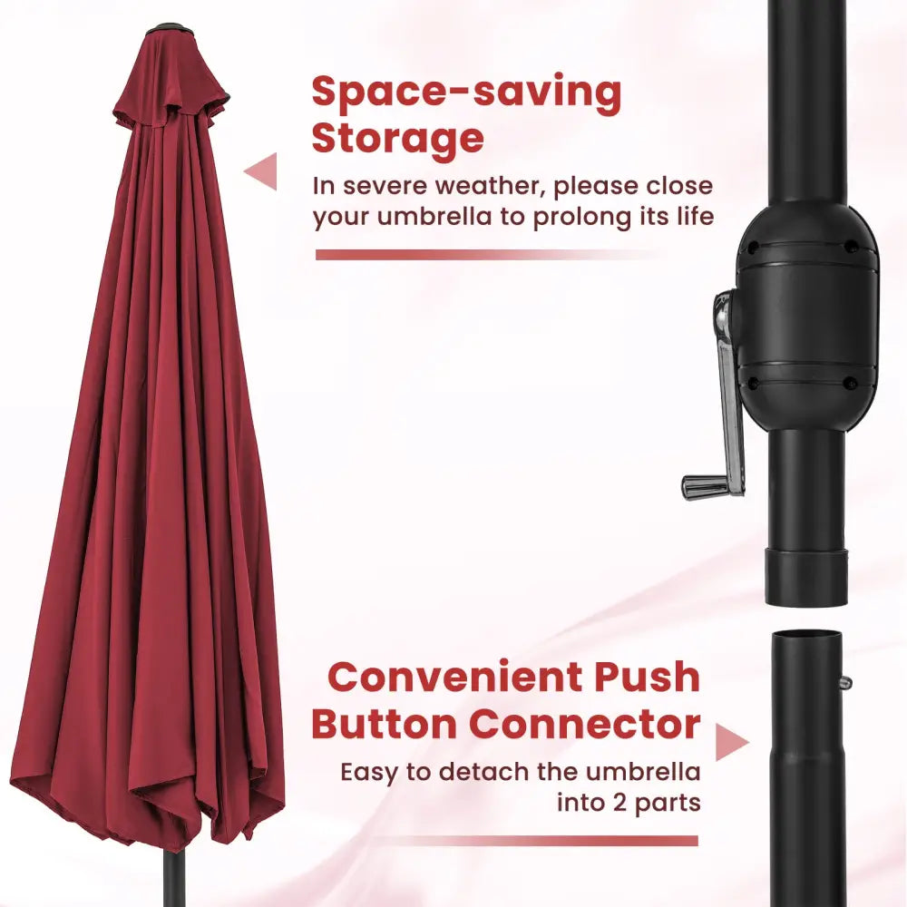 12 Feet Patio Umbrella with Crank Handle and 8 Sturdy Ribs-Red - Red - Outdoor Umbrellas