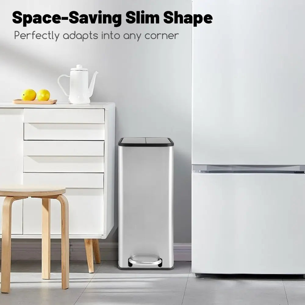 12 Gal Stainless Steel Trash Can with Soft-Closing Wing Lids-Silver - Silver - Kitchen Trash Cans