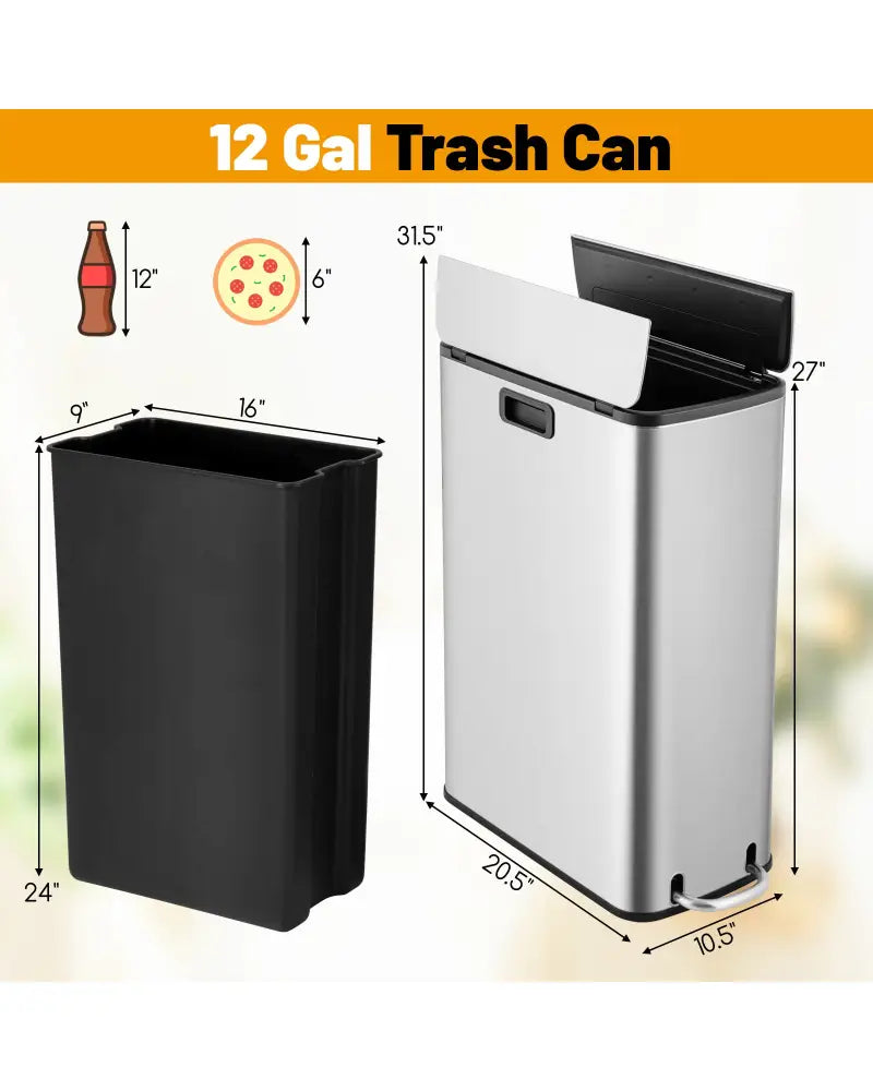 12 Gal Stainless Steel Trash Can with Soft-Closing Wing Lids-Silver - Silver - Kitchen Trash Cans