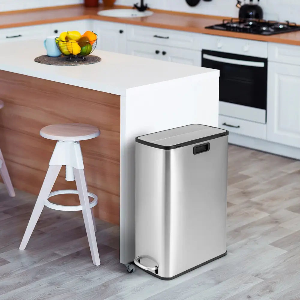 12 Gal Stainless Steel Trash Can with Soft-Closing Wing Lids-Silver - Silver - Kitchen Trash Cans
