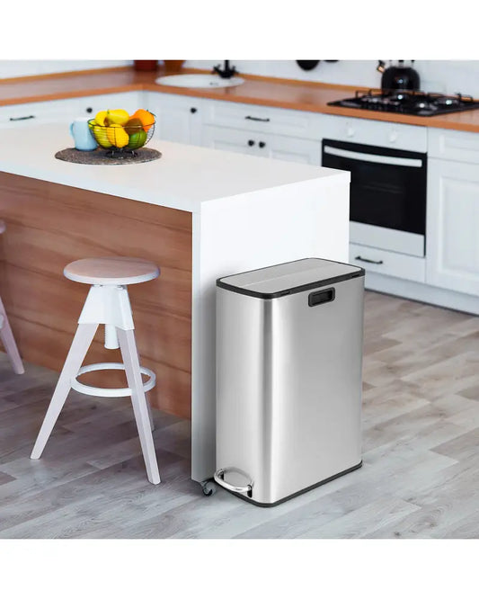 12 Gal Stainless Steel Trash Can with Soft-Closing Wing Lids-Silver - Silver - Kitchen Trash Cans