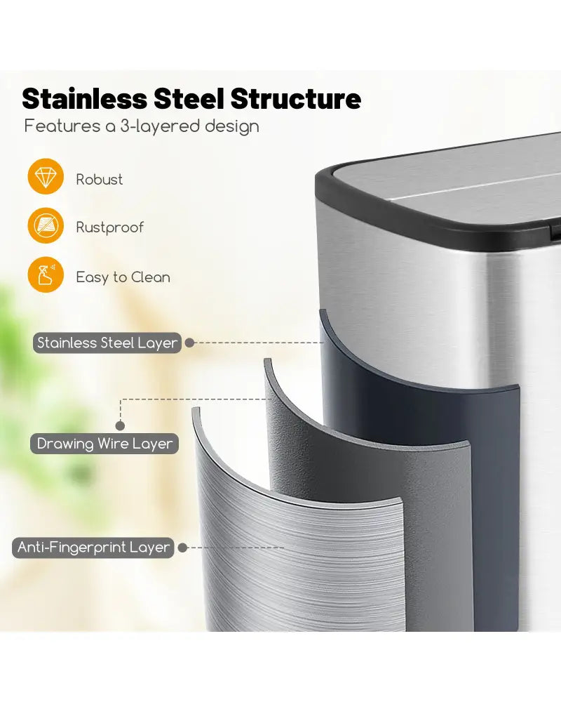 12 Gal Stainless Steel Trash Can with Soft-Closing Wing Lids-Silver - Silver - Kitchen Trash Cans
