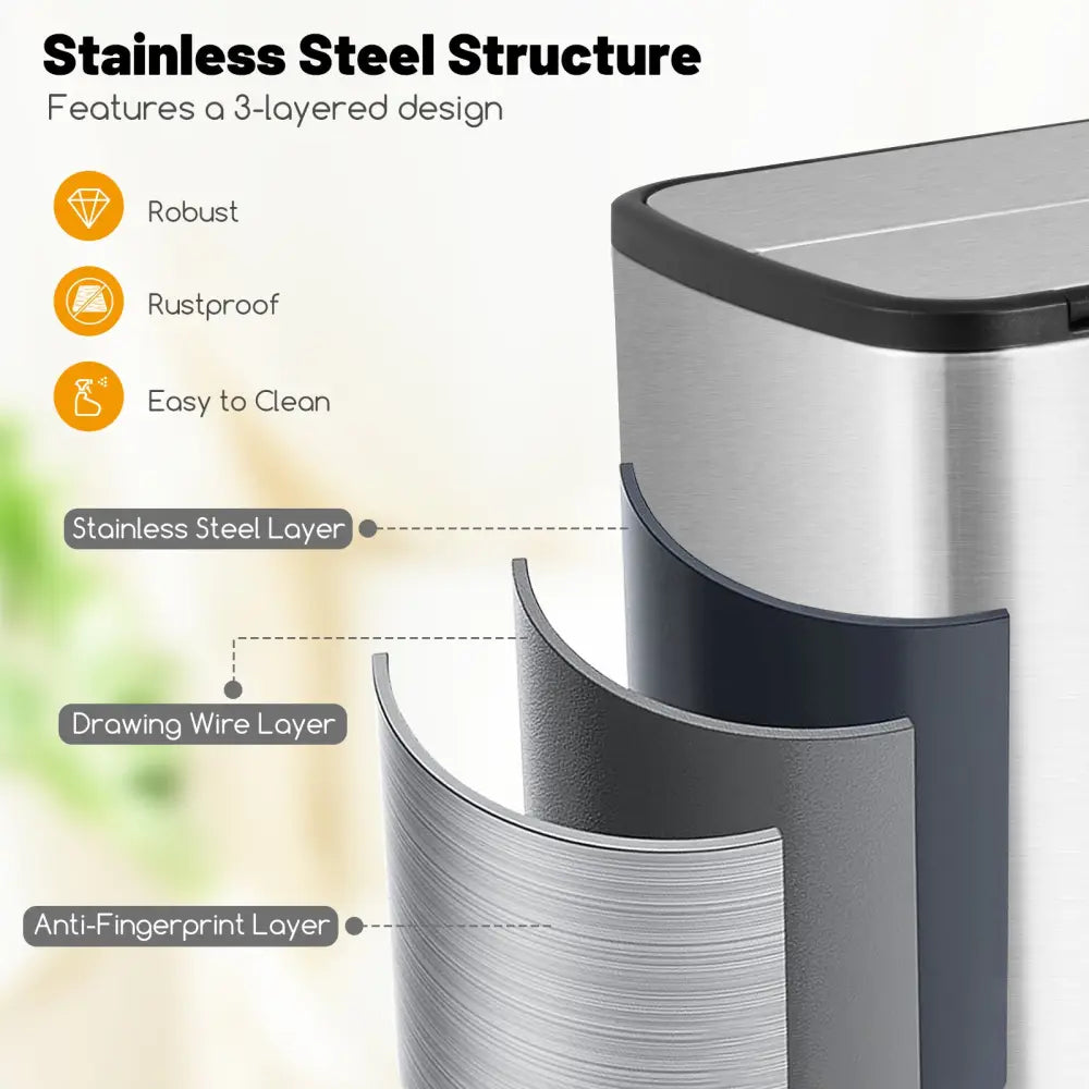 12 Gal Stainless Steel Trash Can with Soft-Closing Wing Lids-Silver - Silver - Kitchen Trash Cans