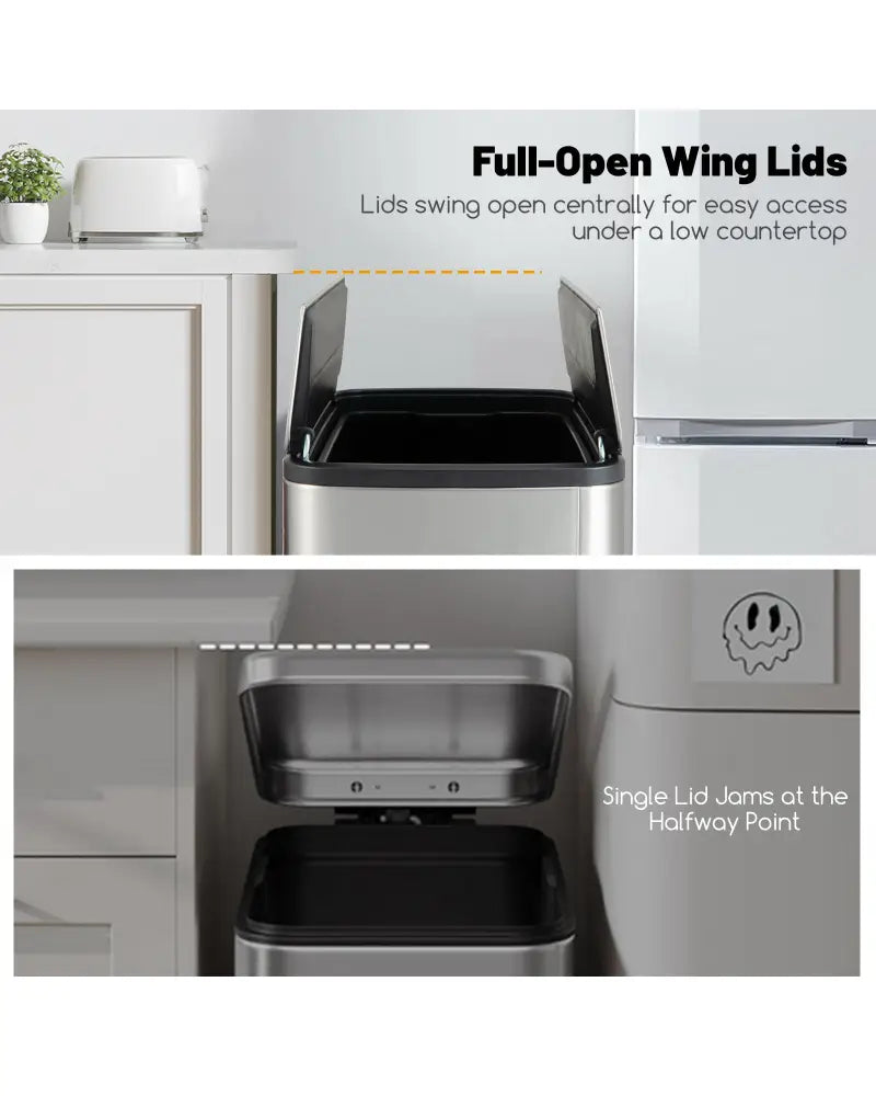 12 Gal Stainless Steel Trash Can with Soft-Closing Wing Lids-Silver - Silver - Kitchen Trash Cans