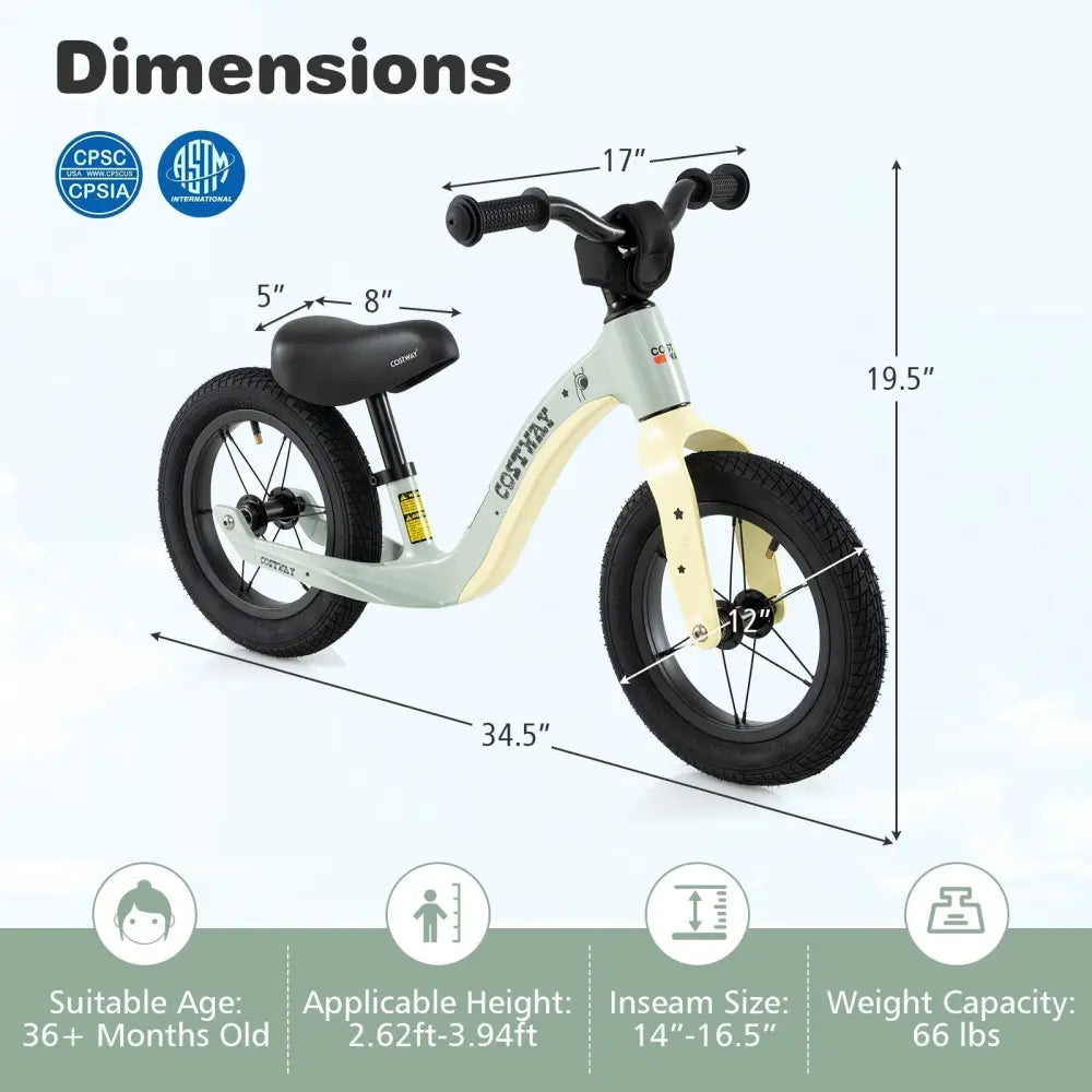 12 - Inch Balance Bike with Adjustable Seat and Rotatable Handlebar for Over 36 Months Old - Green - Oasis Home Essentials