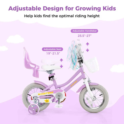 12 Inch Girls Bike Kids Bicycle with Doll Seat and Streamers for Children 3 - 4 Years Old - Oasis Home Essentials