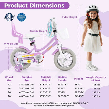 12 Inch Girls Bike Kids Bicycle with Doll Seat and Streamers for Children 3 - 4 Years Old - Oasis Home Essentials
