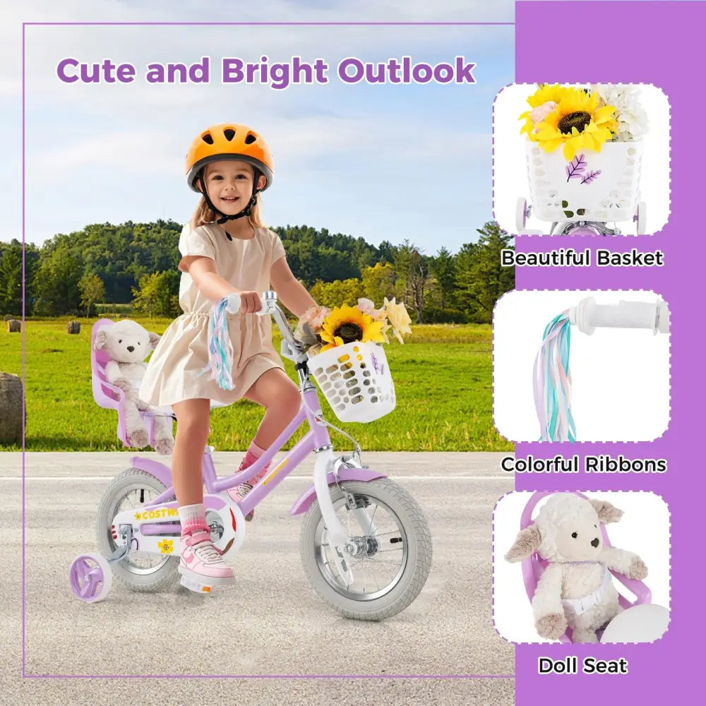 12 Inch Girls Bike Kids Bicycle with Doll Seat and Streamers for Children 3 - 4 Years Old - Oasis Home Essentials