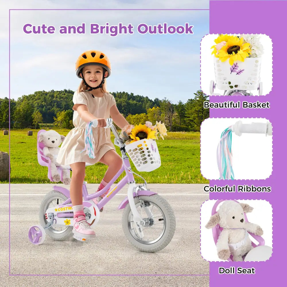 12 Inch Girls Bike Kids Bicycle with Doll Seat and Streamers for Children 3-4 Years Old - Purple - Kids Bike
