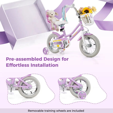 12 Inch Girls Bike Kids Bicycle with Doll Seat and Streamers for Children 3 - 4 Years Old - Oasis Home Essentials