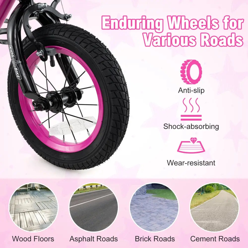 12 Inch Kids Bike Adjustable Bicycle with Front Basket for Children Aged 3-4 Years Old - Pink - Kids Bike