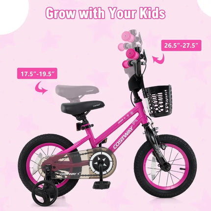 12 Inch Kids Bike Adjustable Bicycle with Front Basket for Children Aged 3 - 4 Years Old - Oasis Home Essentials