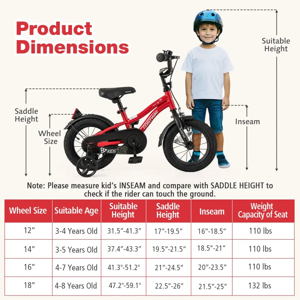 12 Inch Kids Bike Adjustable Bicycle with Reflectors and Bell for 3-4 Years Old - Red - Kids Bike