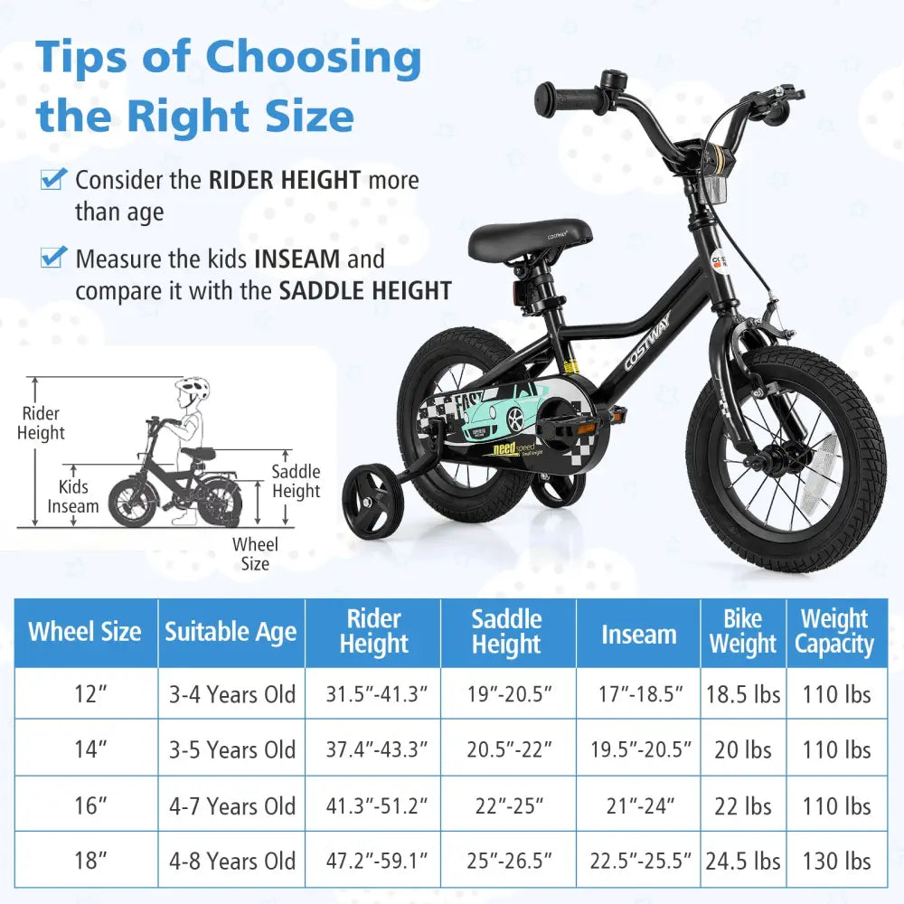12 Inch Kids Bike Adjustable for 3-4 Years Old with Low-Step Frame - Black - Kids Bike
