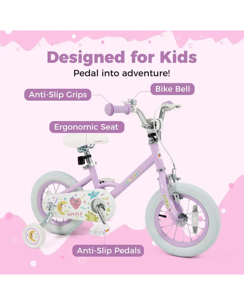 12 Inch Kids Bike Adjustable for 3-8 Years Old Children Purple - Stars & Moon - Purple - Kids Bike