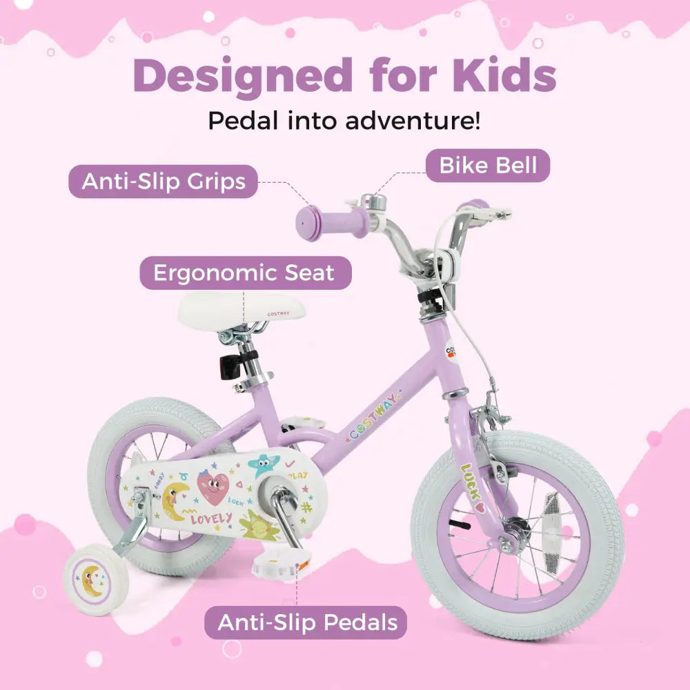 12 Inch Kids Bike Adjustable for 3-8 Years Old Children Purple - Stars & Moon - Purple - Kids Bike
