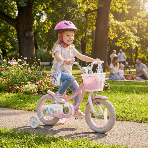 12 Inch Kids Bike Adjustable with Basket and Streamers for Girls Aged 3-4 Years Old Pink - Pink - Kids Bike
