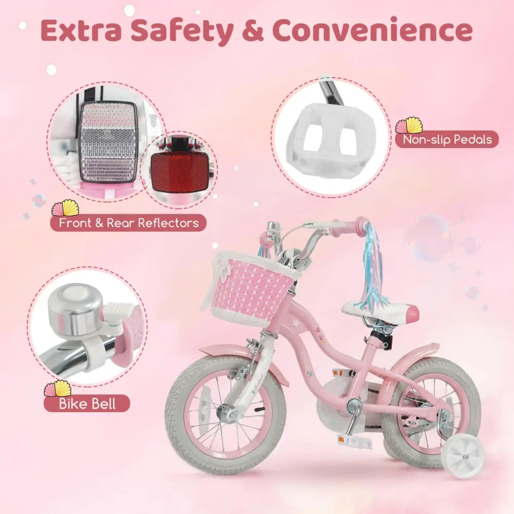 12 Inch Kids Bike Adjustable with Basket and Streamers for Girls Aged 3-4 Years Old Pink - Pink - Kids Bike