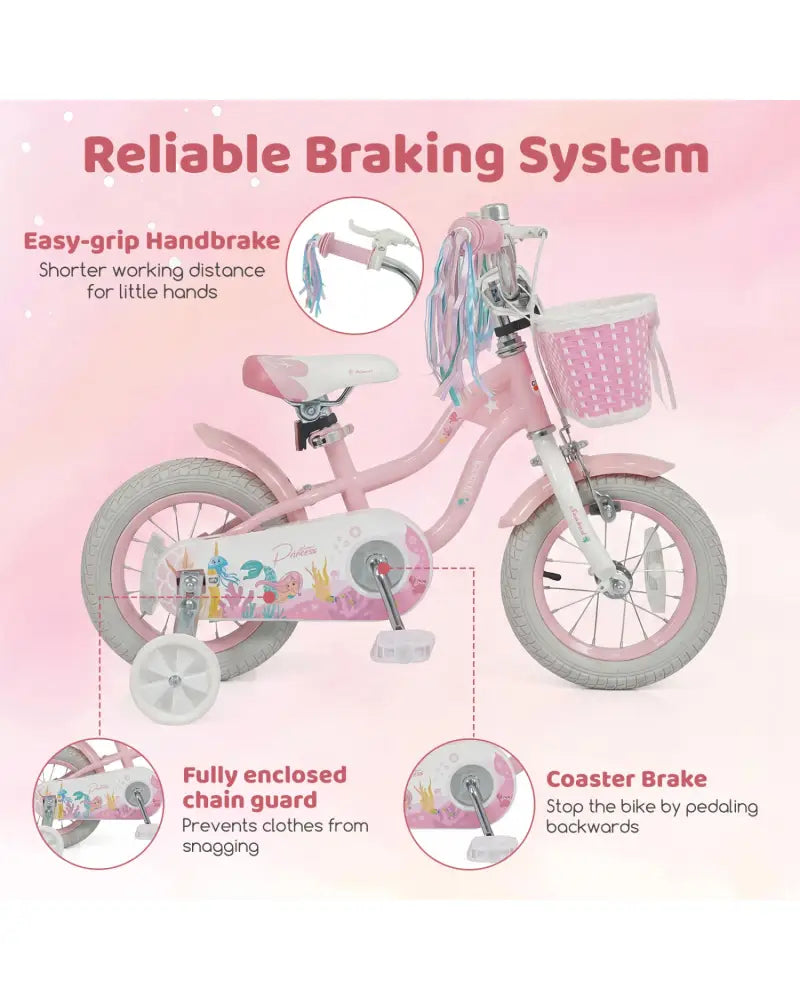 12 Inch Kids Bike Adjustable with Basket and Streamers for Girls Aged 3-4 Years Old Pink - Pink - Kids Bike