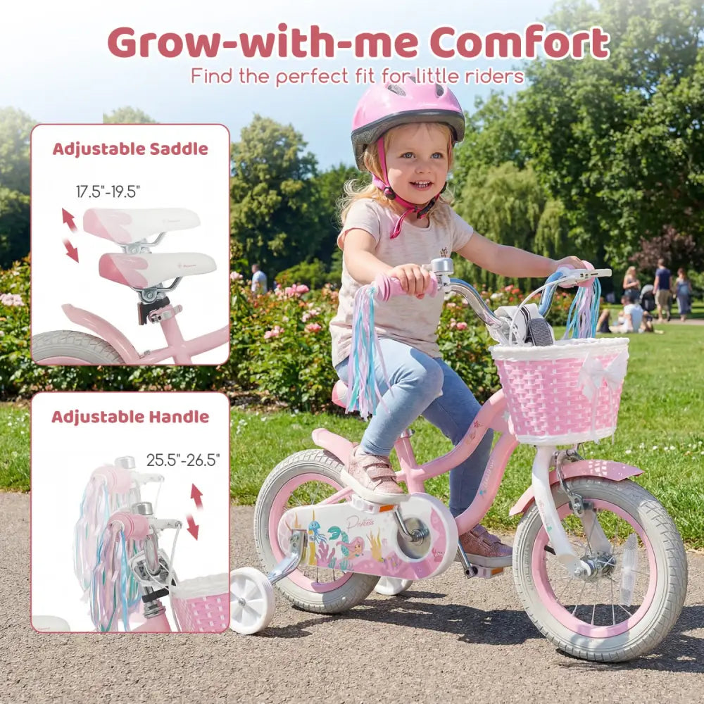 12 Inch Kids Bike Adjustable with Basket and Streamers for Girls Aged 3-4 Years Old Pink - Pink - Kids Bike