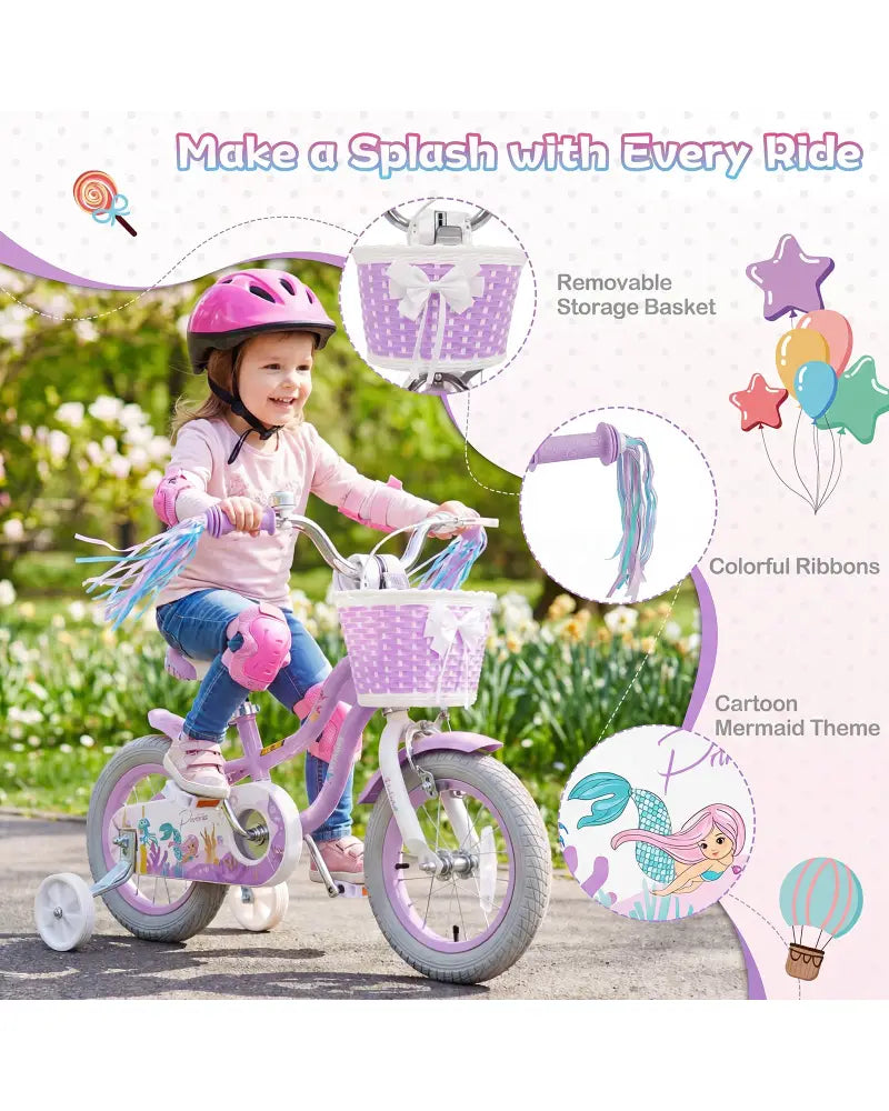 12 Inch Kids Bike Adjustable with Basket and Streamers Purple - Princess of the Sea Theme - Purple - Kids Bike