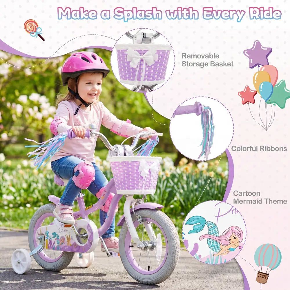 12 Inch Kids Bike Adjustable with Basket and Streamers Purple - Princess of the Sea Theme - Purple - Kids Bike
