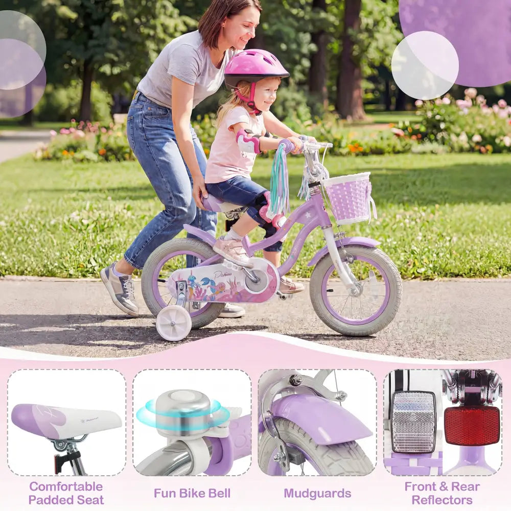 12 Inch Kids Bike Adjustable with Basket and Streamers Purple - Princess of the Sea Theme - Purple - Kids Bike