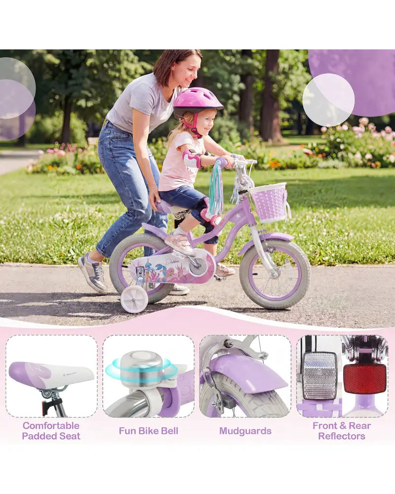 12 Inch Kids Bike Adjustable with Basket and Streamers Purple - Princess of the Sea Theme - Purple - Kids Bike