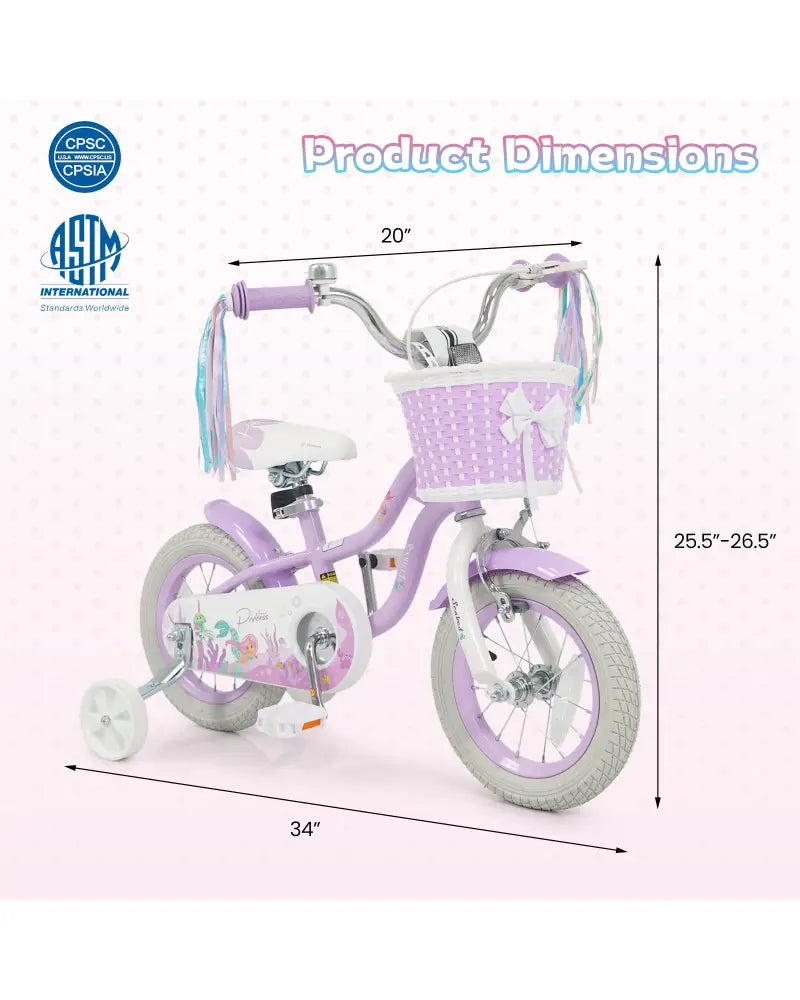 12 Inch Kids Bike Adjustable with Basket and Streamers Purple - Princess of the Sea Theme - Purple - Kids Bike