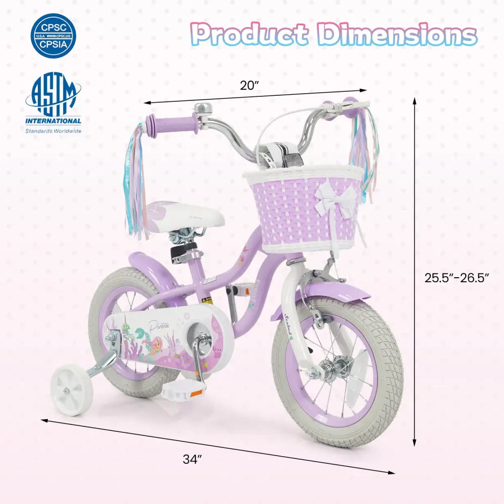 12 Inch Kids Bike Adjustable with Basket and Streamers Purple - Princess of the Sea Theme - Purple - Kids Bike