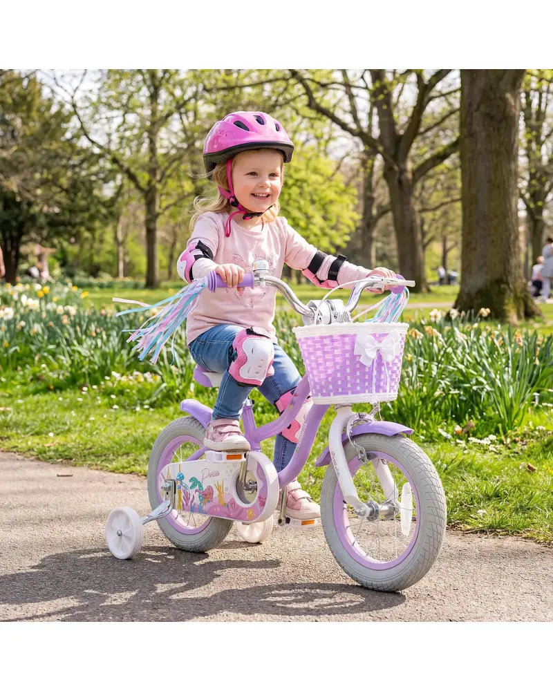 12 Inch Kids Bike Adjustable with Basket and Streamers Purple - Princess of the Sea Theme - Purple - Kids Bike