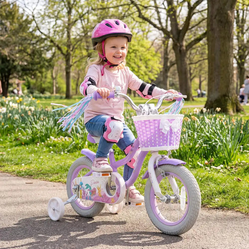 12 Inch Kids Bike Adjustable with Basket and Streamers Purple - Princess of the Sea Theme - Purple - Kids Bike