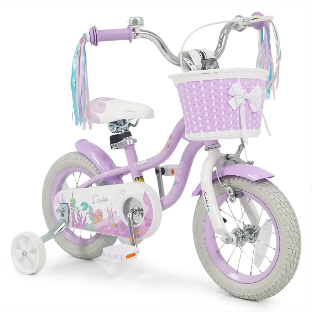 12 Inch Kids Bike Adjustable with Basket and Streamers Purple - Princess of the Sea Theme - Purple - Kids Bike