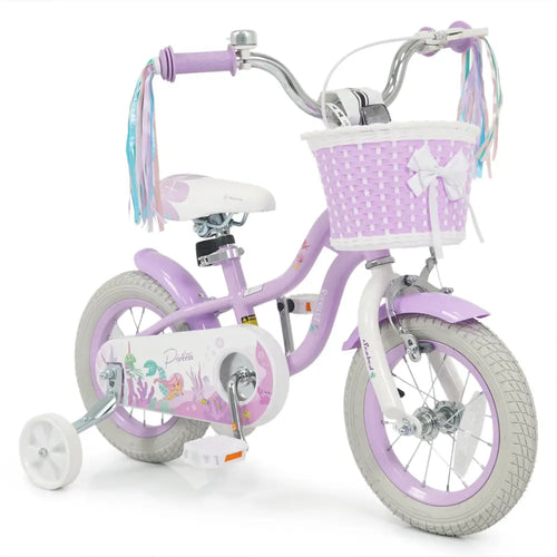 12 Inch Kids Bike Adjustable with Basket and Streamers Purple - Princess of the Sea Theme - Purple - Kids Bike