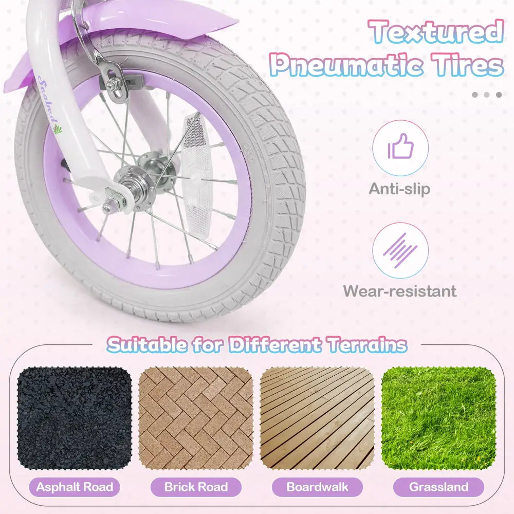 12 Inch Kids Bike Adjustable with Basket and Streamers Purple - Princess of the Sea Theme - Purple - Kids Bike