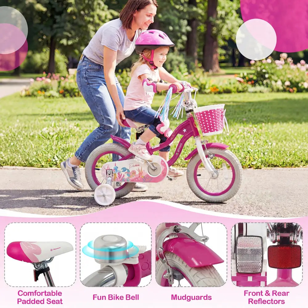 12-Inch Kids Bike Adjustable with Basket and Streamers Rose Red - Princess of the Sea Theme - Rose Red - Kids Bike