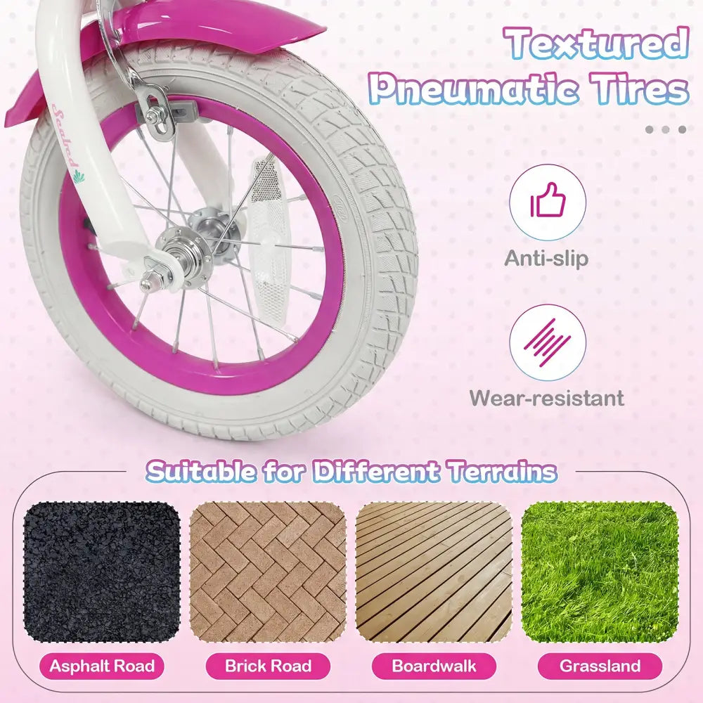 12-Inch Kids Bike Adjustable with Basket and Streamers Rose Red - Princess of the Sea Theme - Rose Red - Kids Bike
