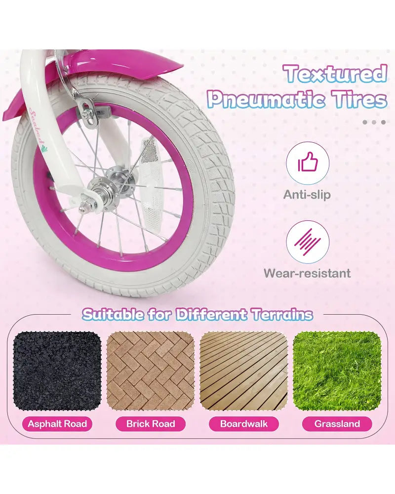 12-Inch Kids Bike Adjustable with Basket and Streamers Rose Red - Princess of the Sea Theme - Rose Red - Kids Bike