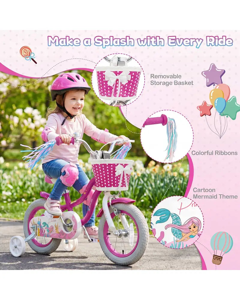 12-Inch Kids Bike Adjustable with Basket and Streamers Rose Red - Princess of the Sea Theme - Rose Red - Kids Bike