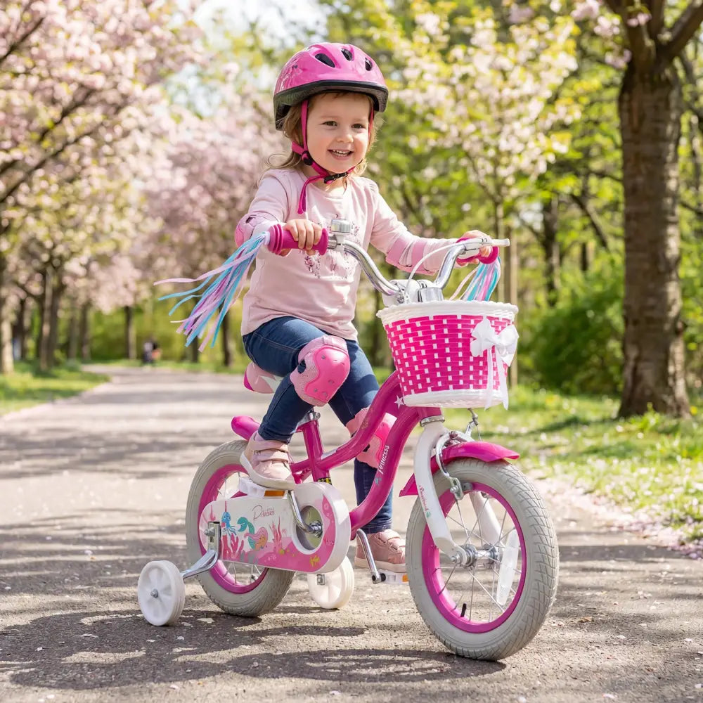 12-Inch Kids Bike Adjustable with Basket and Streamers Rose Red - Princess of the Sea Theme - Rose Red - Kids Bike