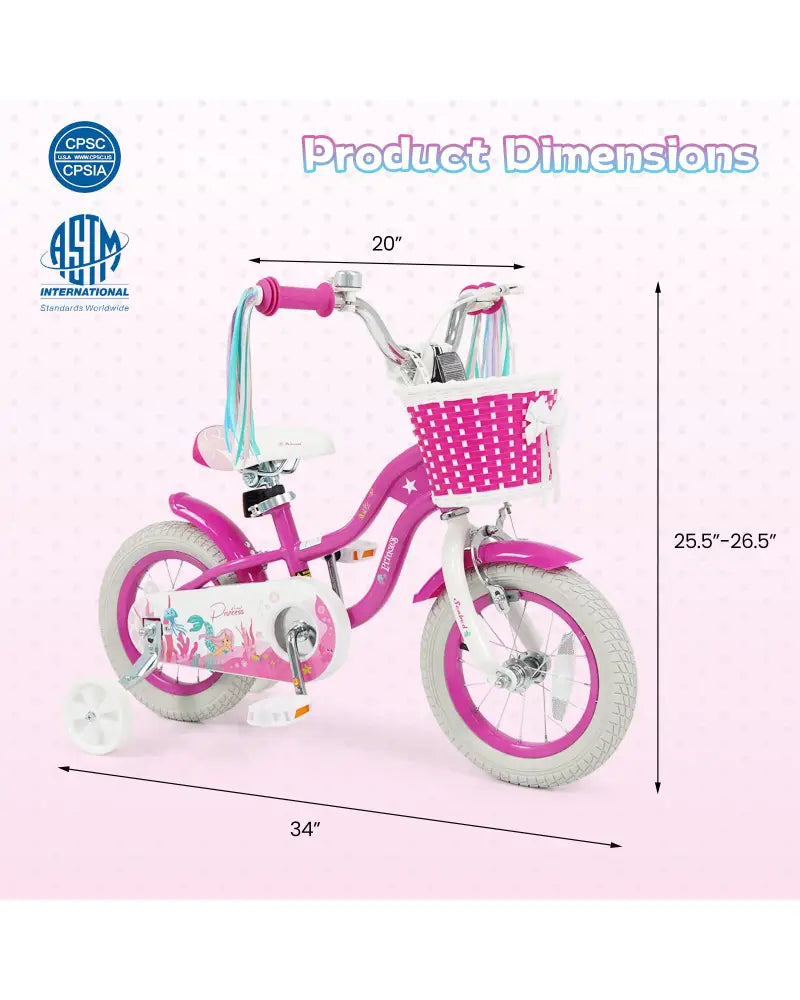 12-Inch Kids Bike Adjustable with Basket and Streamers Rose Red - Princess of the Sea Theme - Rose Red - Kids Bike
