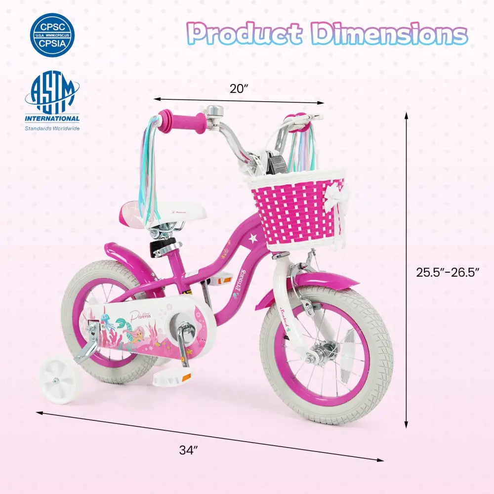12-Inch Kids Bike Adjustable with Basket and Streamers Rose Red - Princess of the Sea Theme - Rose Red - Kids Bike
