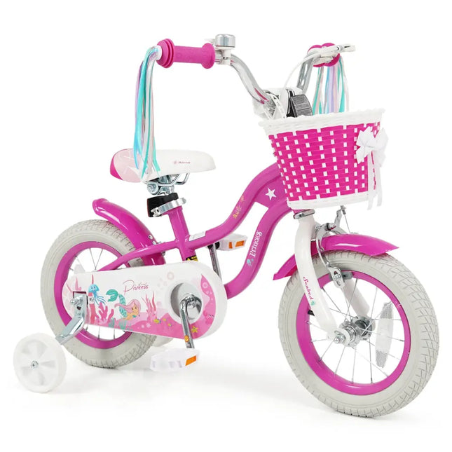 12-Inch Kids Bike Adjustable with Basket and Streamers Rose Red - Princess of the Sea Theme - Rose Red - Kids Bike