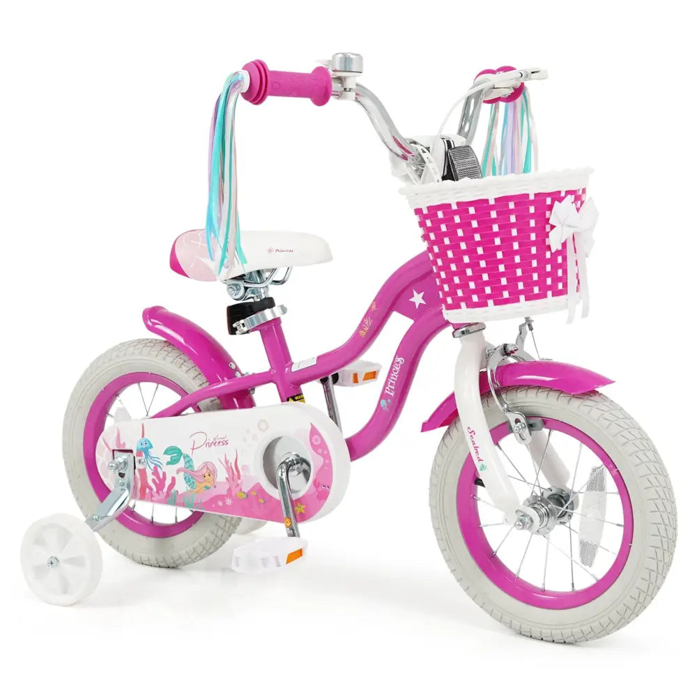 12-Inch Kids Bike Adjustable with Basket and Streamers Rose Red - Princess of the Sea Theme - Rose Red - Kids Bike