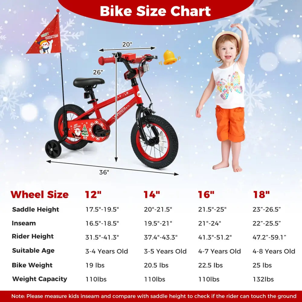12 Inch Kids Bike Adjustable with Christmas Music & Flag for Aged 3-5 Years Old - Red - Kids Bike