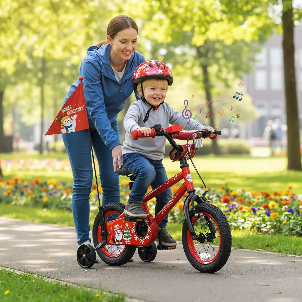 12 Inch Kids Bike Adjustable with Christmas Music & Flag for Aged 3-5 Years Old - Red - Kids Bike
